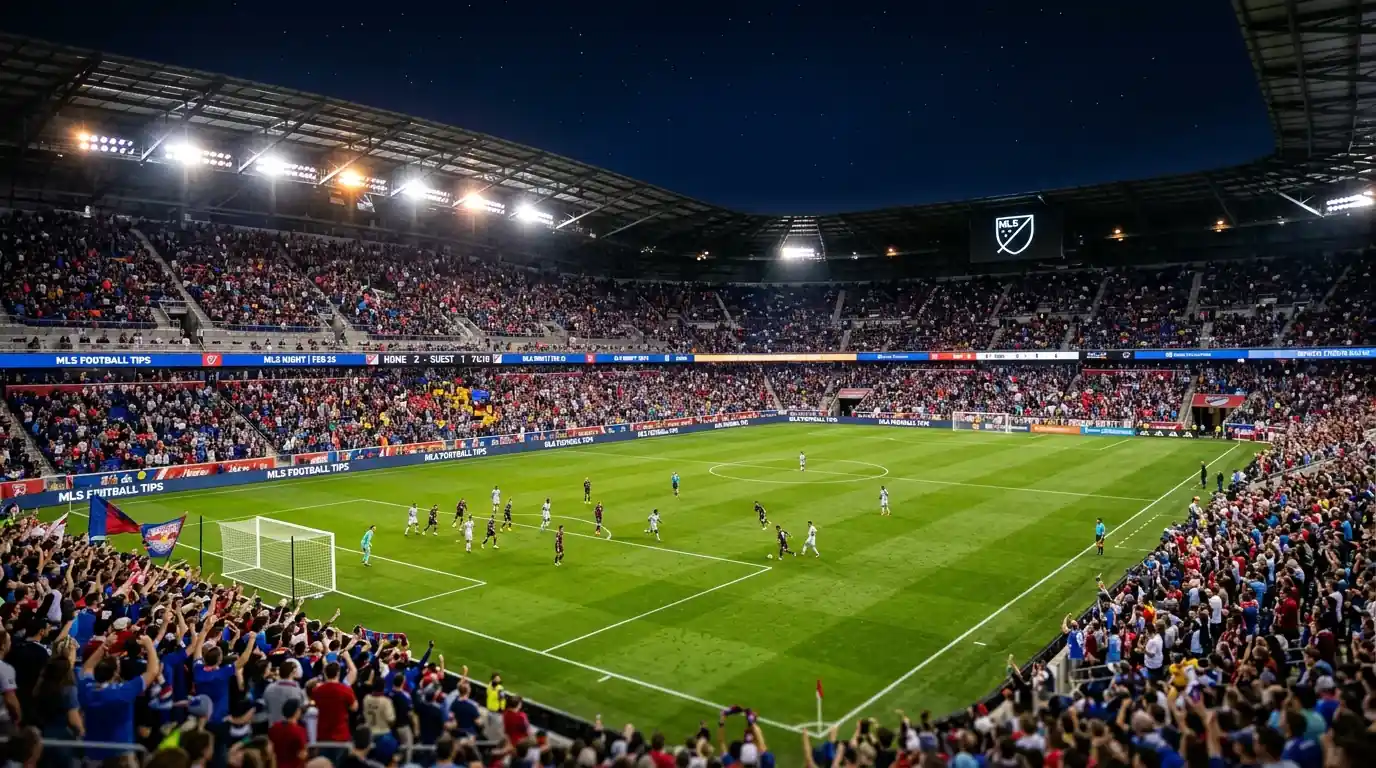 Panorámica de un estadio MLS iluminado durante un partido nocturno con las gradas llenas