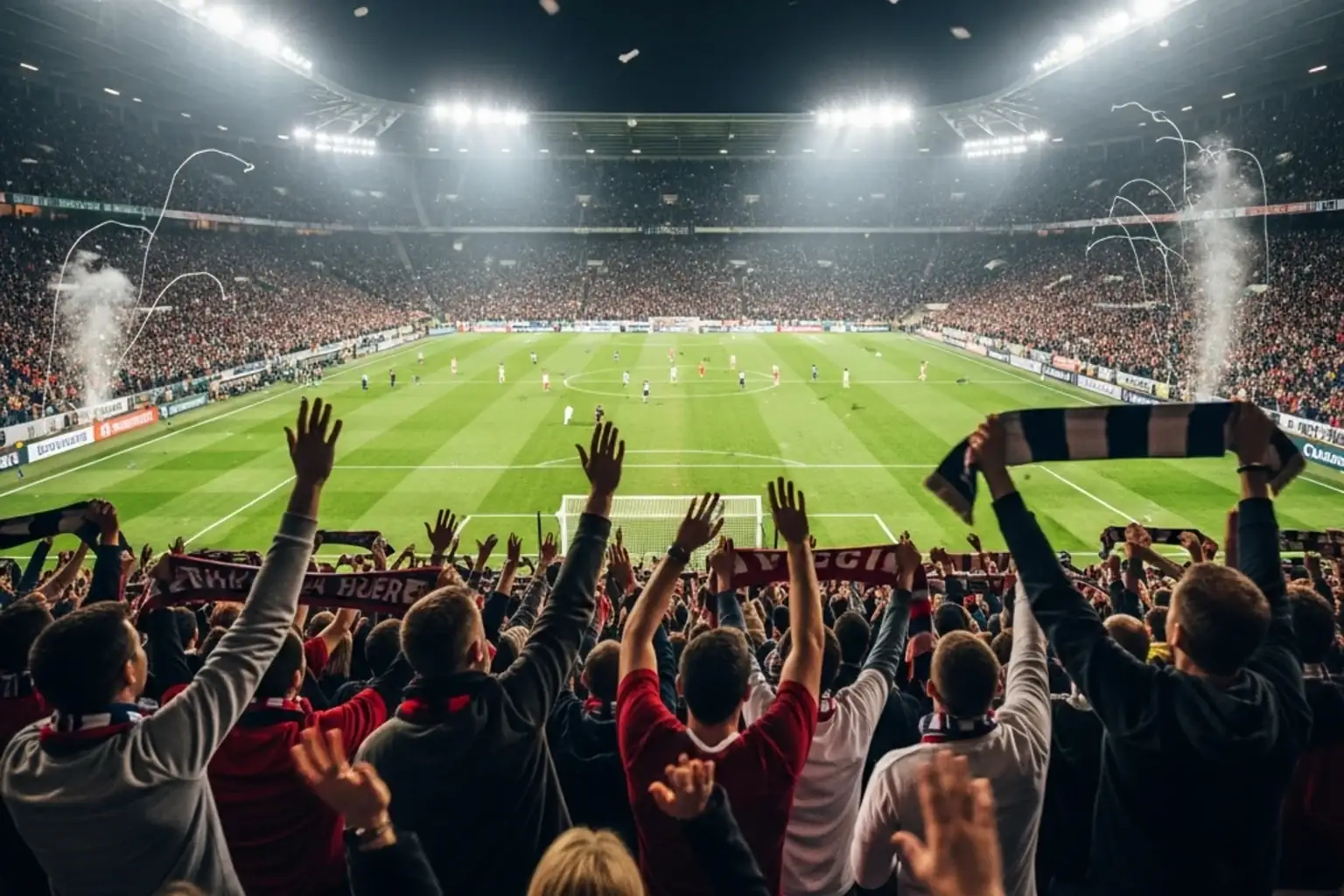Aficionados de la MLS animando en una grada llena durante un partido nocturno bajo focos